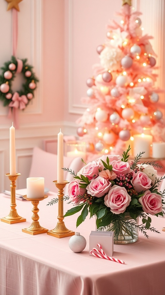 Elegant Pink Christmas Party Decorations Elegant pink Christmas party decorations with a pink table setting and a decorated Christmas tree.